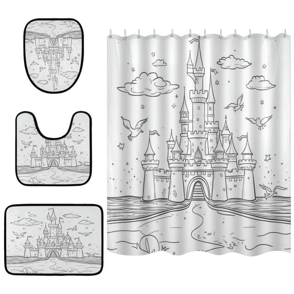 Line Art Castle Bathroom Accessory Curtain Sets Bath Curtain Anti-Slip Mats and Toilet Pad 66x72in