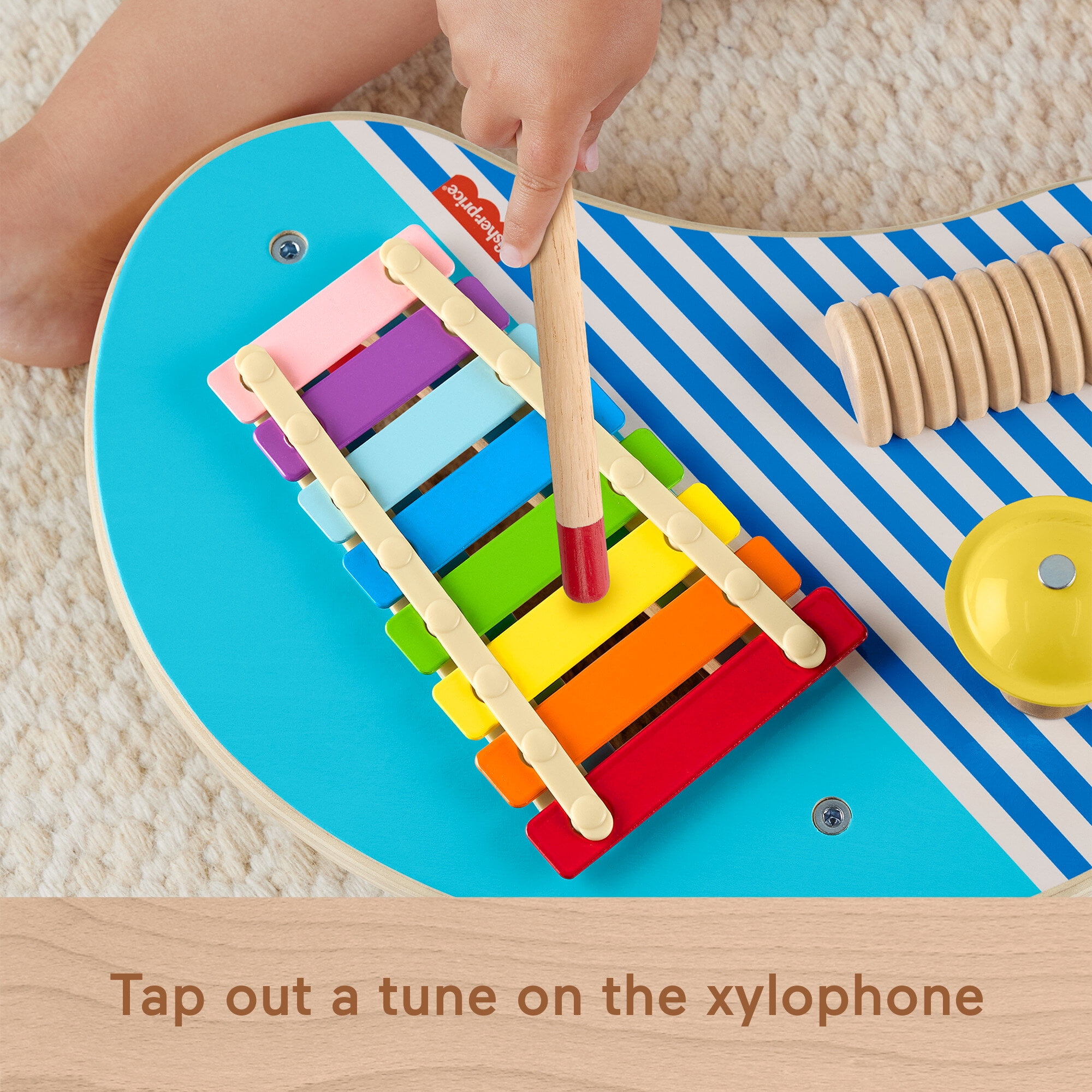 Fisher-Price Wooden Toy Musical Table with Percussion Instruments for Toddler Role Play, 3 Wood Pieces