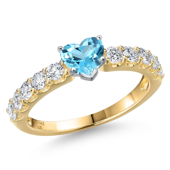 Gem Stone King 14K Two Tone Gold Swiss Blue Topaz and Lab Grown Diamond Engagement Ring for Women | 1.20 Cttw | Heart Shape 5MM | Gemstone November Birthstone | Size 7