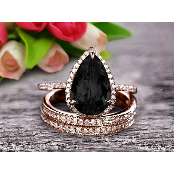 Milgrain Art Deco Trio Set 2.75 Carat Black Diamond Moissanite Engagement Ring On 10k Rose Gold Pear Shape Gemstone Halo Ring With Matching Band Surprisingly Ring