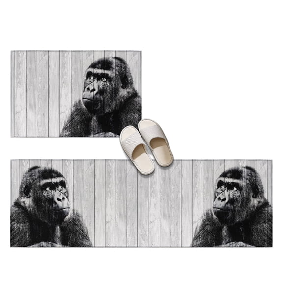 Gorilla Portrait 2 Pieces Non-Slip Kitchen Mat Set, Animal Minimalist Modern Wood Grain Soft Door Mat with Rubber Backing, Dirtproof Rugs for Entrance Doorway, 23.6x35.4in+23.6x70.9in