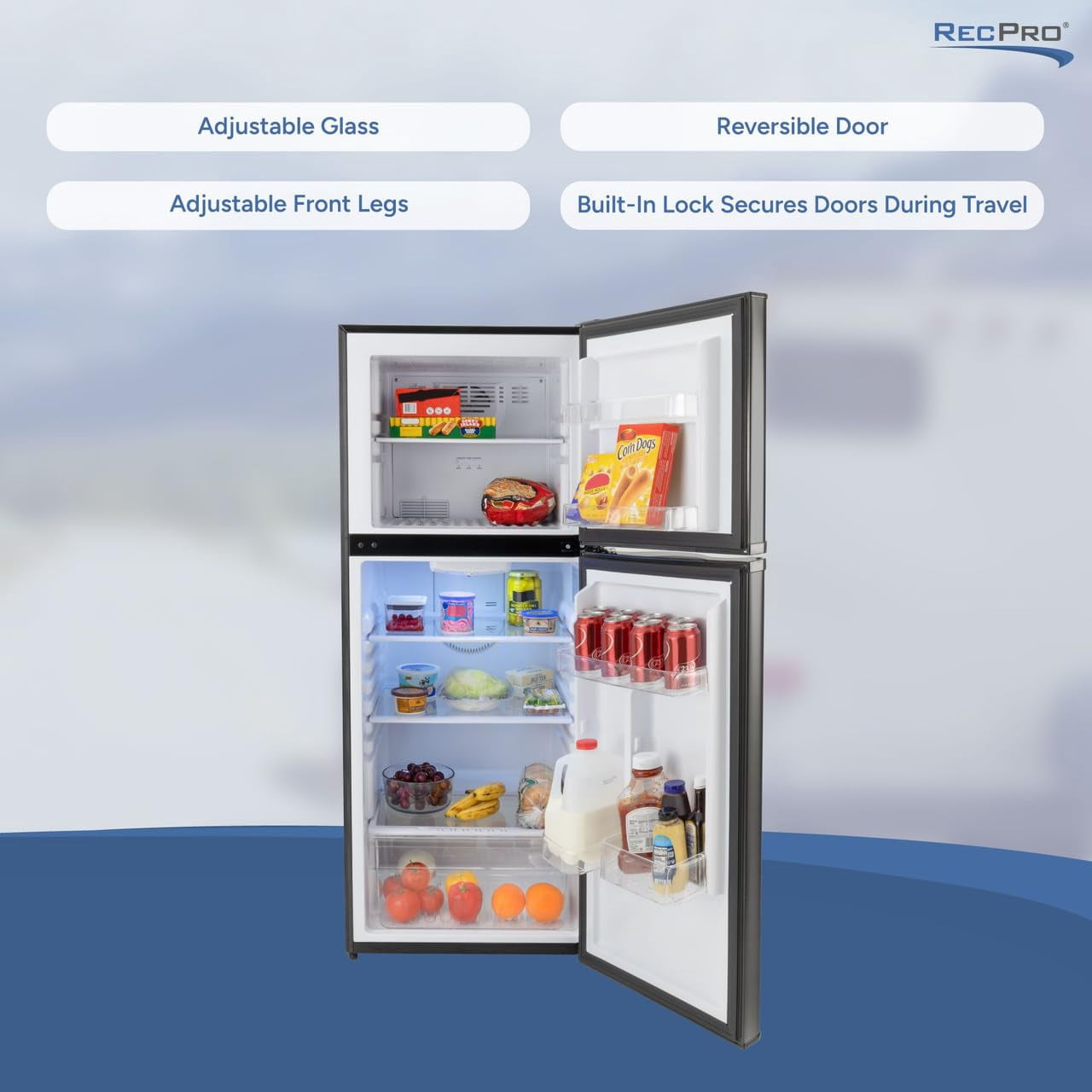 RecPro Everchill 10.7 Cu Ft 12V RV Refrigerator with Freezer | Black Finish | Dual Swing Glass Doors | Independent Temp Controls | Frost Free | Vibration Protection