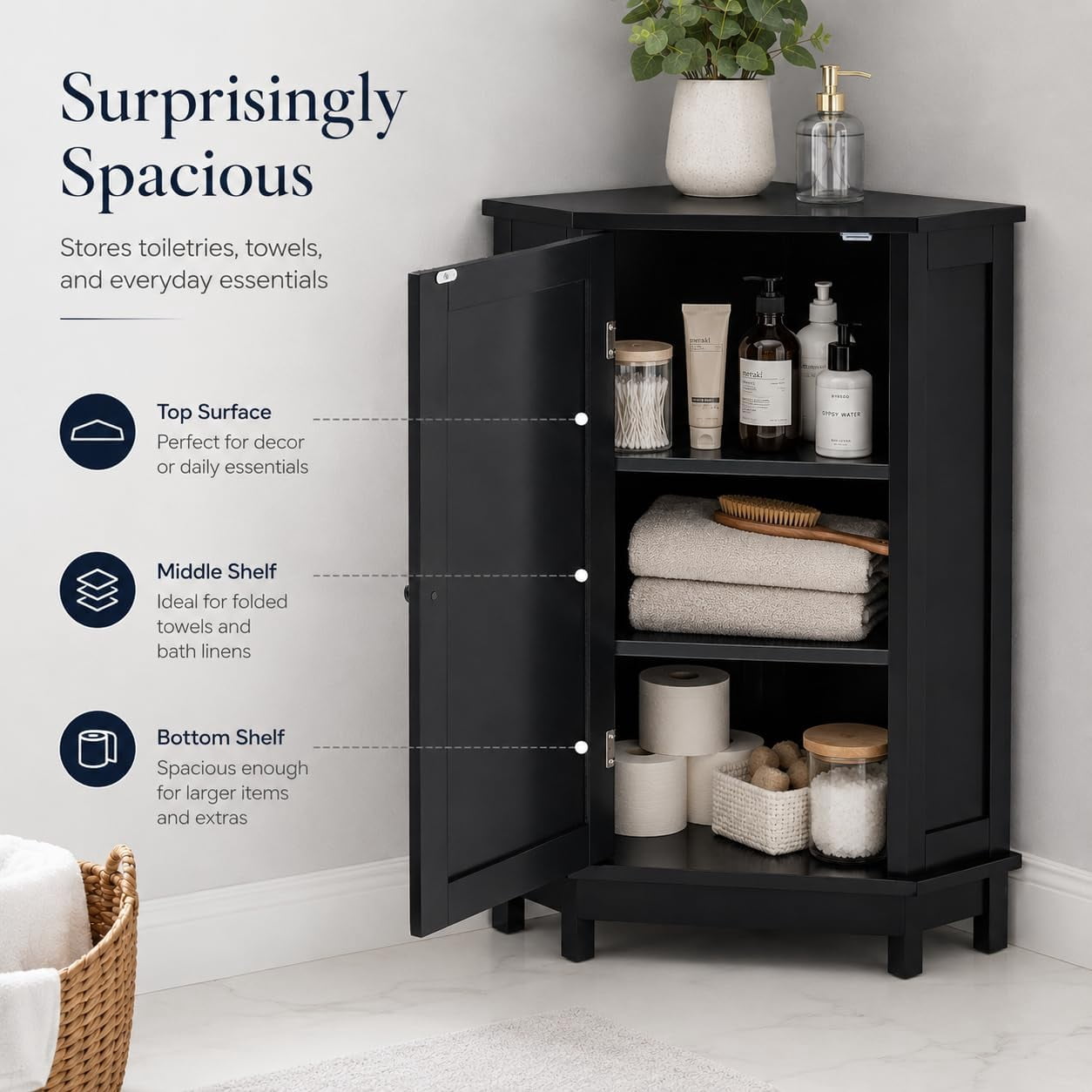31" Corner Storage Cabinet, Wood Freestanding Triangle Floor Cabinet with Door & Shelves, Black