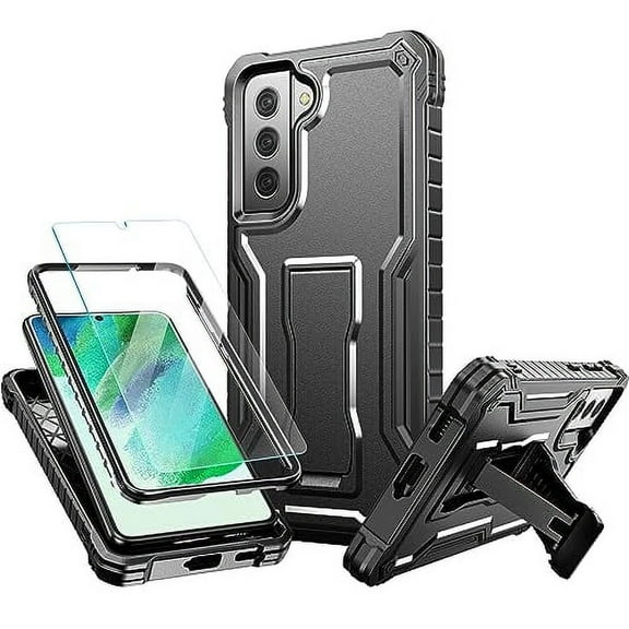 FITO For Samsung Galaxy S21 FE Case, Phone Case with Screen Protector and Kickstand (Black)