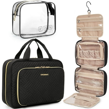 BAGSMART Extra Large Travel Toiletry Bag Set with TSA Approved Transparent Cosmetic Makeup Bag, Hanging Travel Toiletries Organizer for Full Sized Accessories Essentials, Large Size, Black
