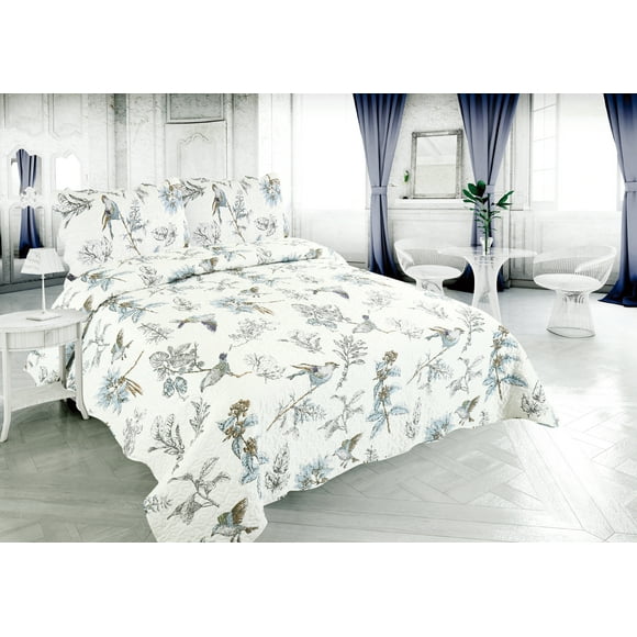 Marina Decoration Rich Printed Stitching Coverlet Bedspread Ultra Soft Summer Bedding Quilt Set with Quilted Sham, Modern Bird and Leaves Pattern