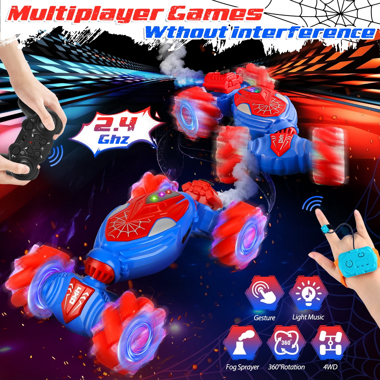 Huge Wave Remote Control Car for Boys, 2.4GHz 4WD Gesture Sensing RC Stunt Car Toys, 360° Rotating Double Sided with LED Lights, Birthday Gift for Kids Aged 4-8