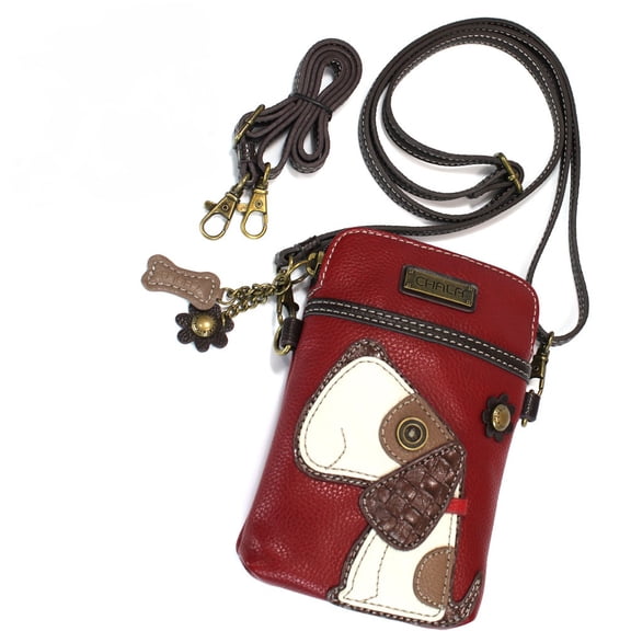 CHALABeagle Dog Cell Phone Crossbody Purse-Women PU Leather/Canvas Multicolor Handbag with Adjustable Strap - Toffy Dog - burgundy