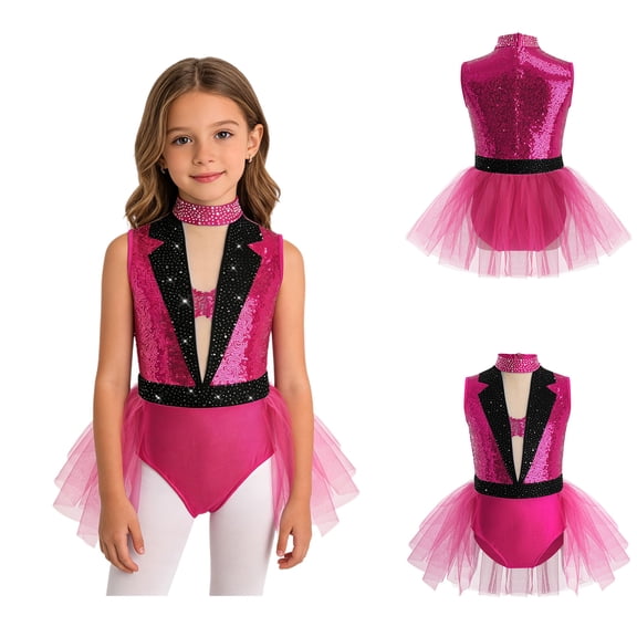 renvena Girls Sequins Tuxedo Leotard Tutu Dress Ballet Jazz Latin Modern Dance Performance Hot Pink 14
