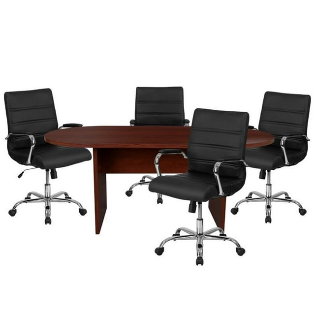 Pemberly Row 5 Piece Wooden Oval Conference Table Set in Mahogany and Black
