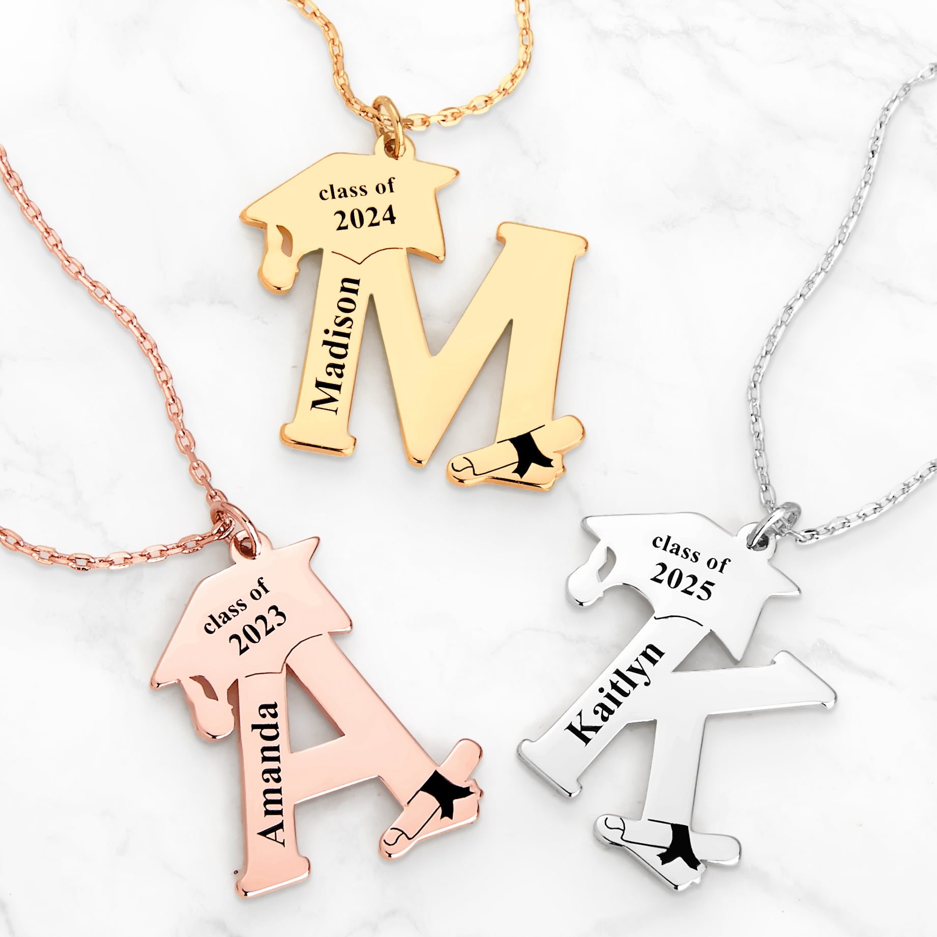 Personalized Planet Women's Plated Graduation Cap Initial and Name Necklace