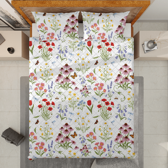 Lotusprinthandmade Wildflower Quilt Bedding Set (White Binding) 5 Sizes (Made in Vietnam) (55x60) – Wildflower Garden Quilt Set