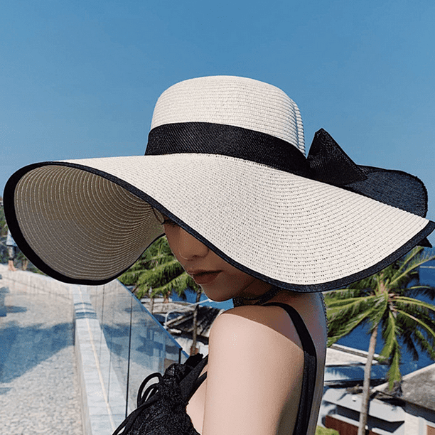 Womens Big Bowknot Straw Hat Large Floppy Foldable Roll up Beach Cap Sun Hat  Summer UV Protection Beach Cap 