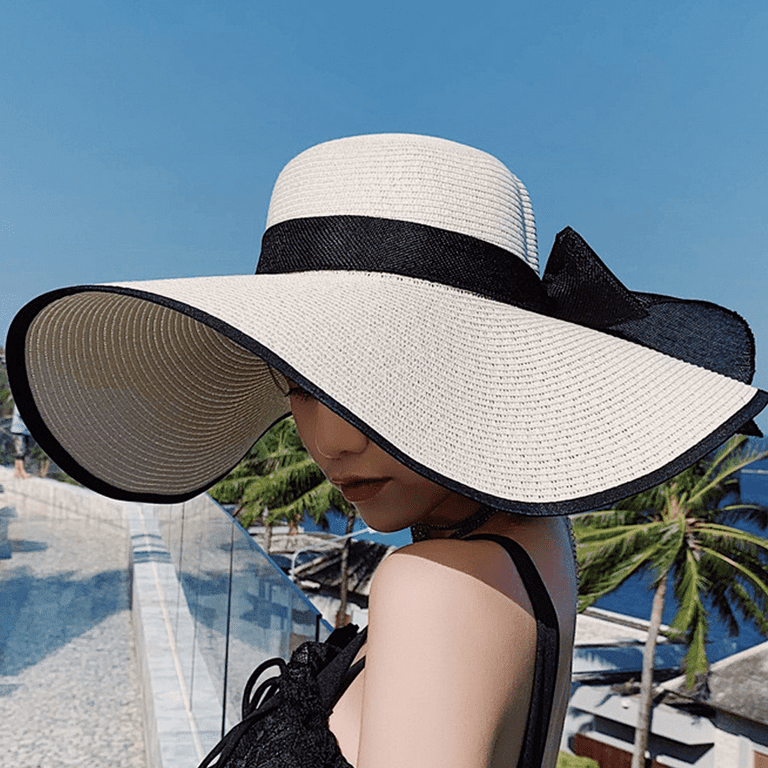 Womens Big Bowknot Straw Hat Beach Cap Beachwear Wide Floppy Hat Foldable  Roll up Big Brim Hats Sun Hat - White