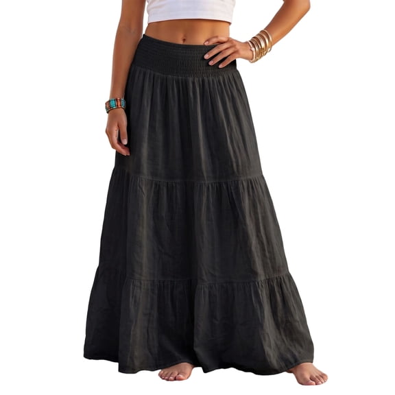 Womens Elegant Flowy Maxi Skirt Pleated Tiered Cotton Linen A-Line Elastic Waist Midi Skirt