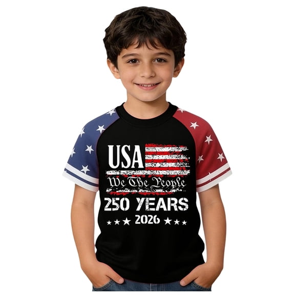 YDFCWXW Kids American Boys Girls 250th Anniversary USA 4th of July T- USA Short Sleeve Tees Tops (Black, 8-9 Years)
