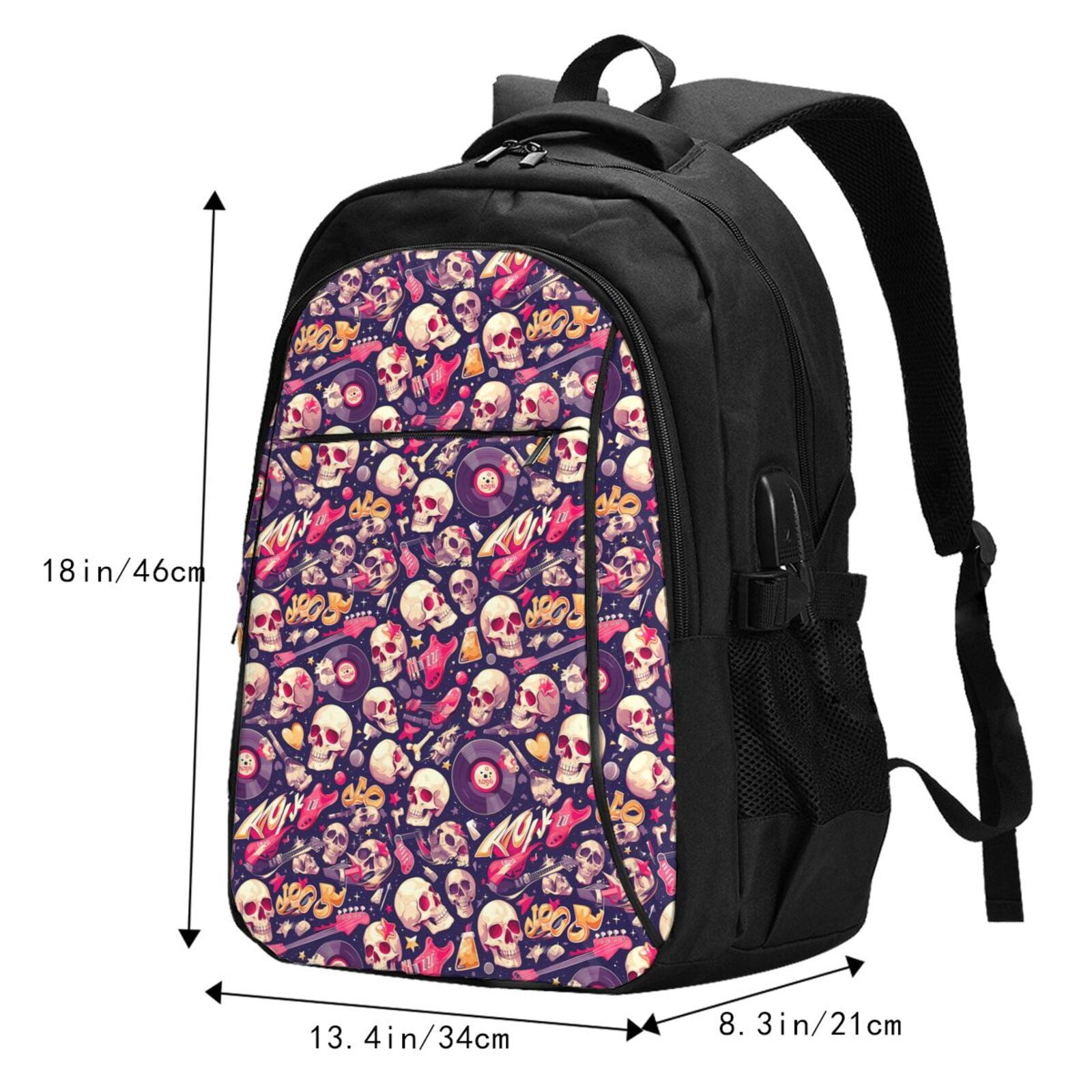 Vsdgher music Skull record Guitar Print Travel Laptop Backpack, Laptops Backpack with USB Charging Port, Water Resistant Computer Bag Gift for Men & Women