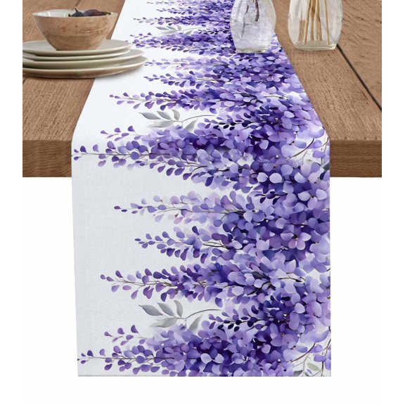 Purple Garden Florals Table Runner 36 Inches, Spring Leaves Botanical Bed Runner Dresser Scarves Tabletop for Indoor Outdoor Parties/Ceremony/Banquet, 13"x 36"
