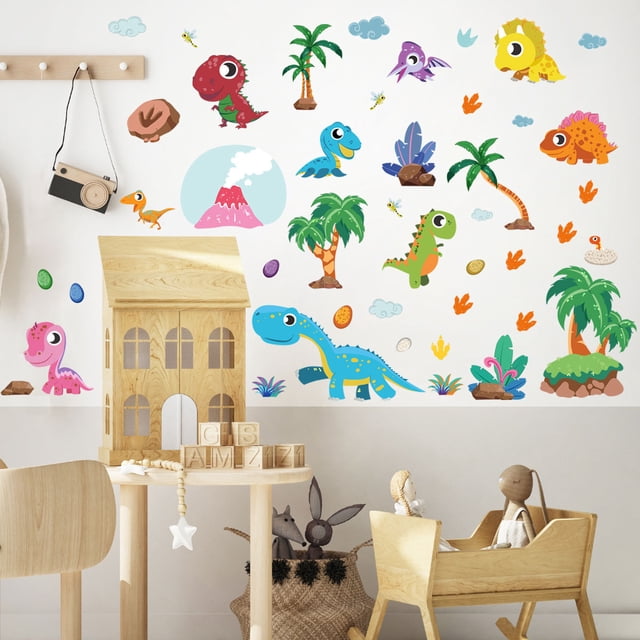 Un conjunto de pegatinas de pared, pegatinas de pared de dinosaurios de dibujos animados, decoración de pared R