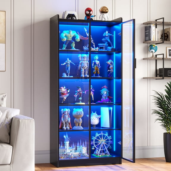 VKCC 65'' Modern LED Display Cabinet with Doors, Tall Storage Bookcase with Adjustable Shelves for Living Room, Black