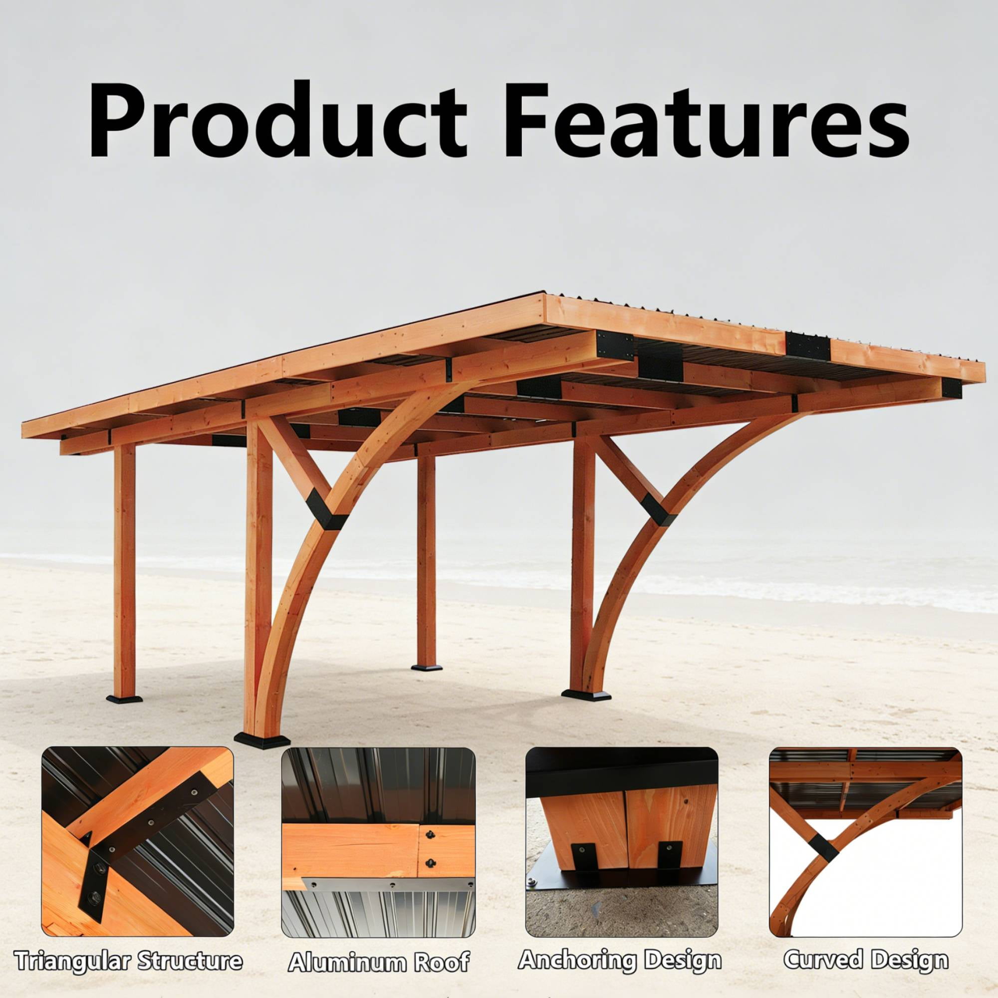 Beneouya 18.3x12.6x7.7ft Heavy-Duty Wood Carport with Steel Roof for Driveway Shelter