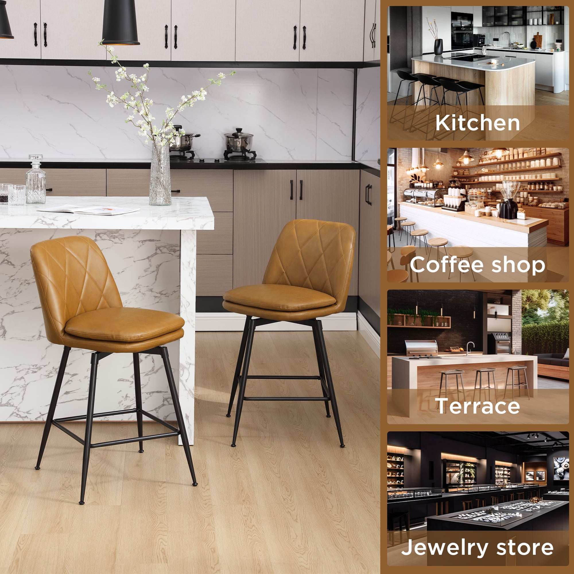 TEWLOSS 28" Bar Stools Set of 4 Swivel Barstools Faux Leather Kitchen Chairs, Brown