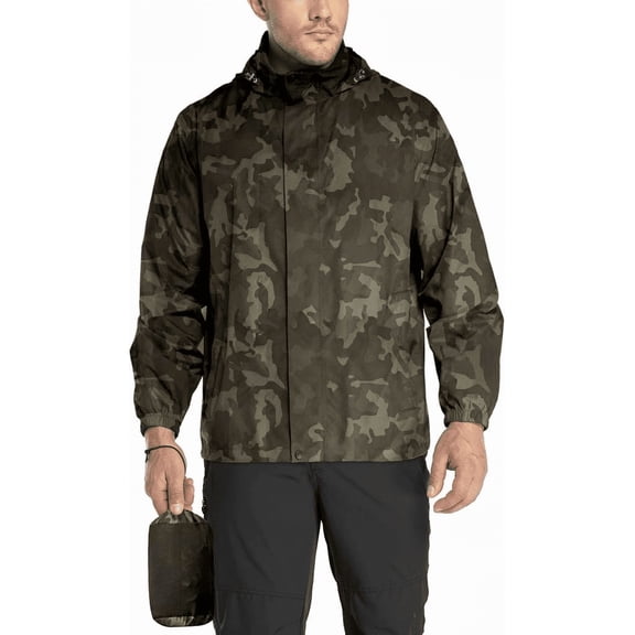 Packable Rain Jacket for Men Lightweight Waterproof Rain Shell with Hood Size XX-Large Color Camouflage
