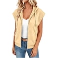 thumbnail image 5 of Women's Plus Size Cap Sleeve Hoodie Summer Loose Casual Zip Up Drawstring Tops with Pockets Beige, 5 of 7