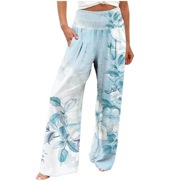 USNSM Women's Cotton Linen Palazzo Pants 2024 Loose Fit Summer Floral Printed High Waist Stretchy Wide-Leg Trousers with Pockets Blue S