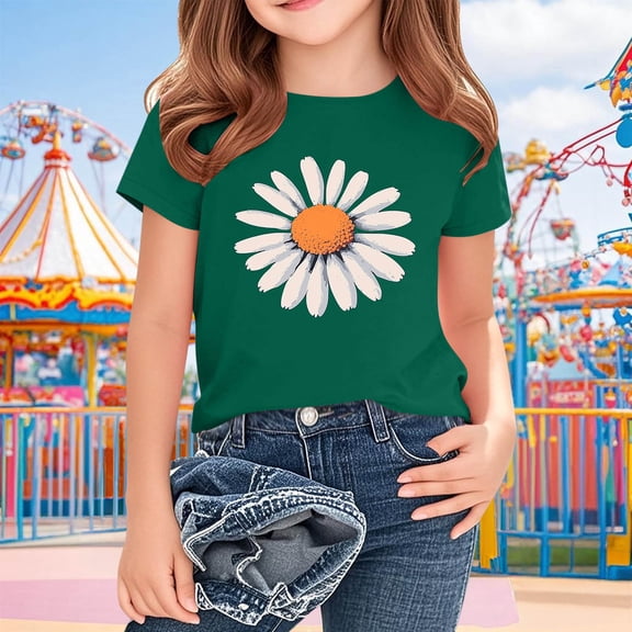 BRGZLK Vintage Floral T Shirt for Girls Spring Summer Casual Daisy Print Round Neck Short Sleeve Summer Casual Kids Pullover Base Layer TShirt Green 9-10 Years