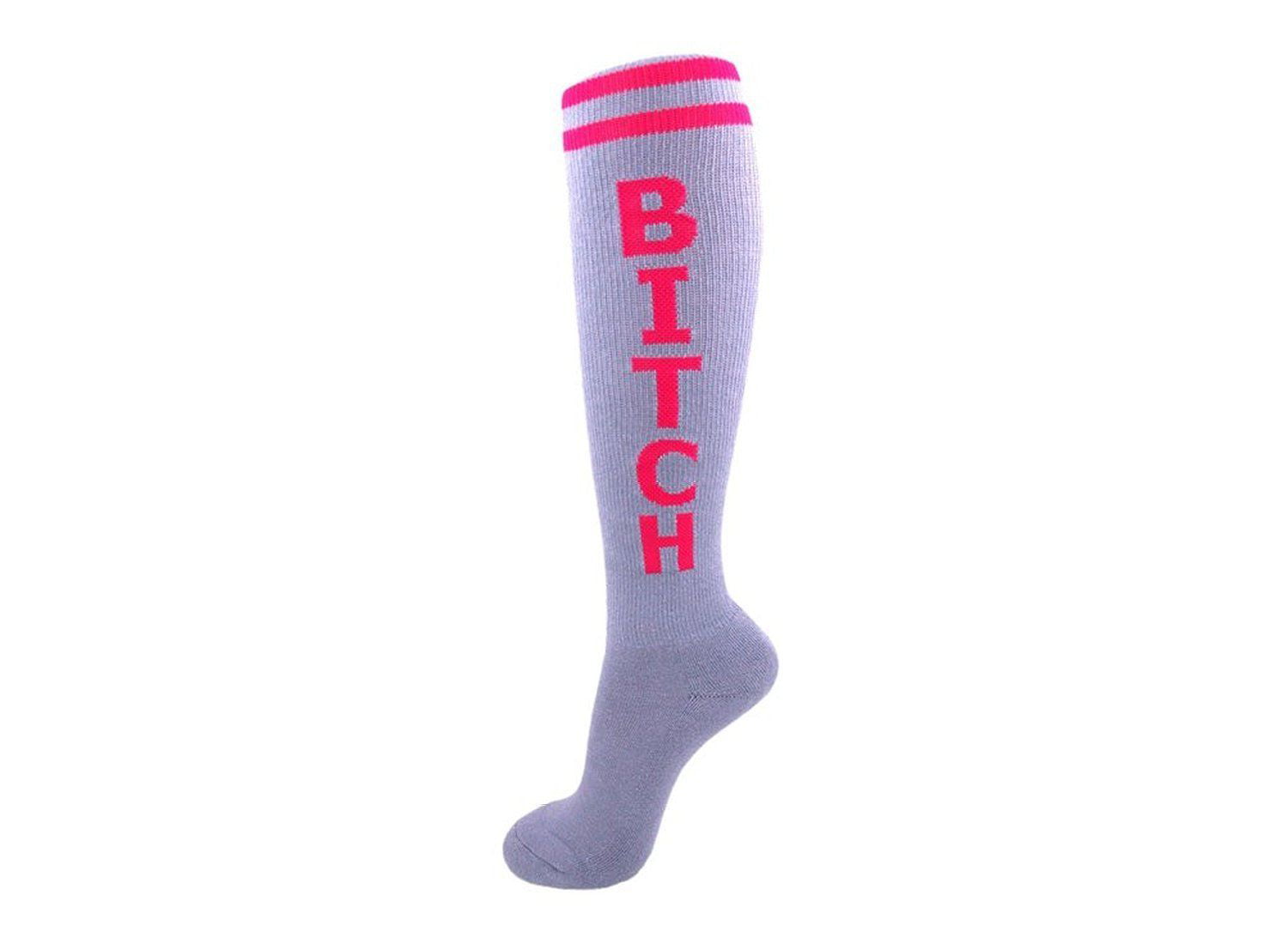 Btch Unisex Athletic Knee Socks Gray And Hot Pink By Gumball Poodle