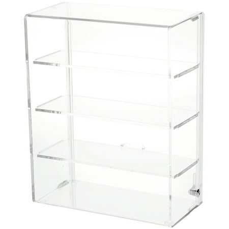 Plymor Clear Acrylic Locking Display Case with Sliding Back, 3 Shelves, 12.75" H x 10.25" W x 5" D