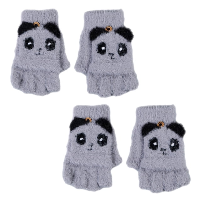 2 guantes de lana con solapa de medio dedo de panda, de punto de felpa, resistentes al frío, gruesos, 746