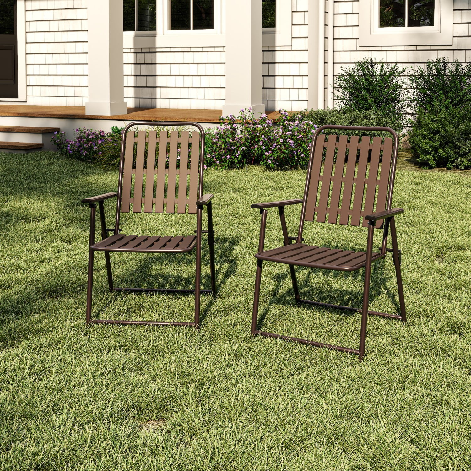 Folding Chairs Set of 2, 350 lb Capacity Outdoor Chairs with Powder-Coated Metal Frame & WPC Slatted Seat, No Assembly, Antique brown