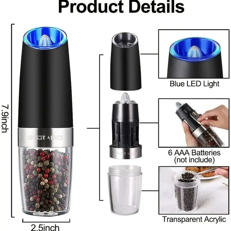 PwZzk Battery Operated Gravity Electric Salt And Pepper Grinder Mill Set  With White Light Stainless Steel One Hand Automatic Operation Refillable  With