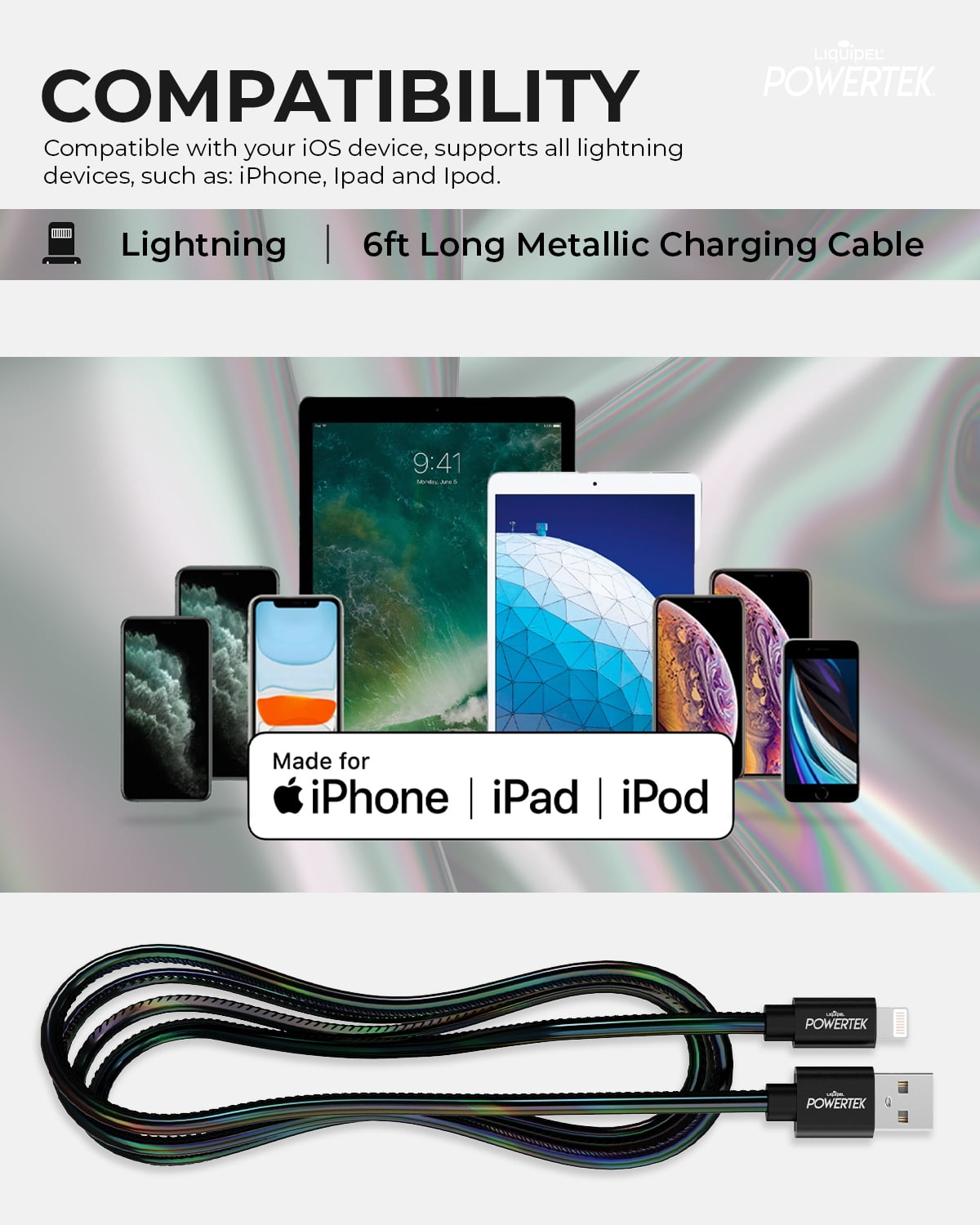 Powertek Powertek 6ft Metallic Shine Fast Charging Lightning Cable