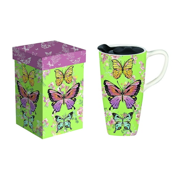 Evergreen Ceramic FLOMO 360 Travel Cup, 17 oz. w/Box, Butterflies