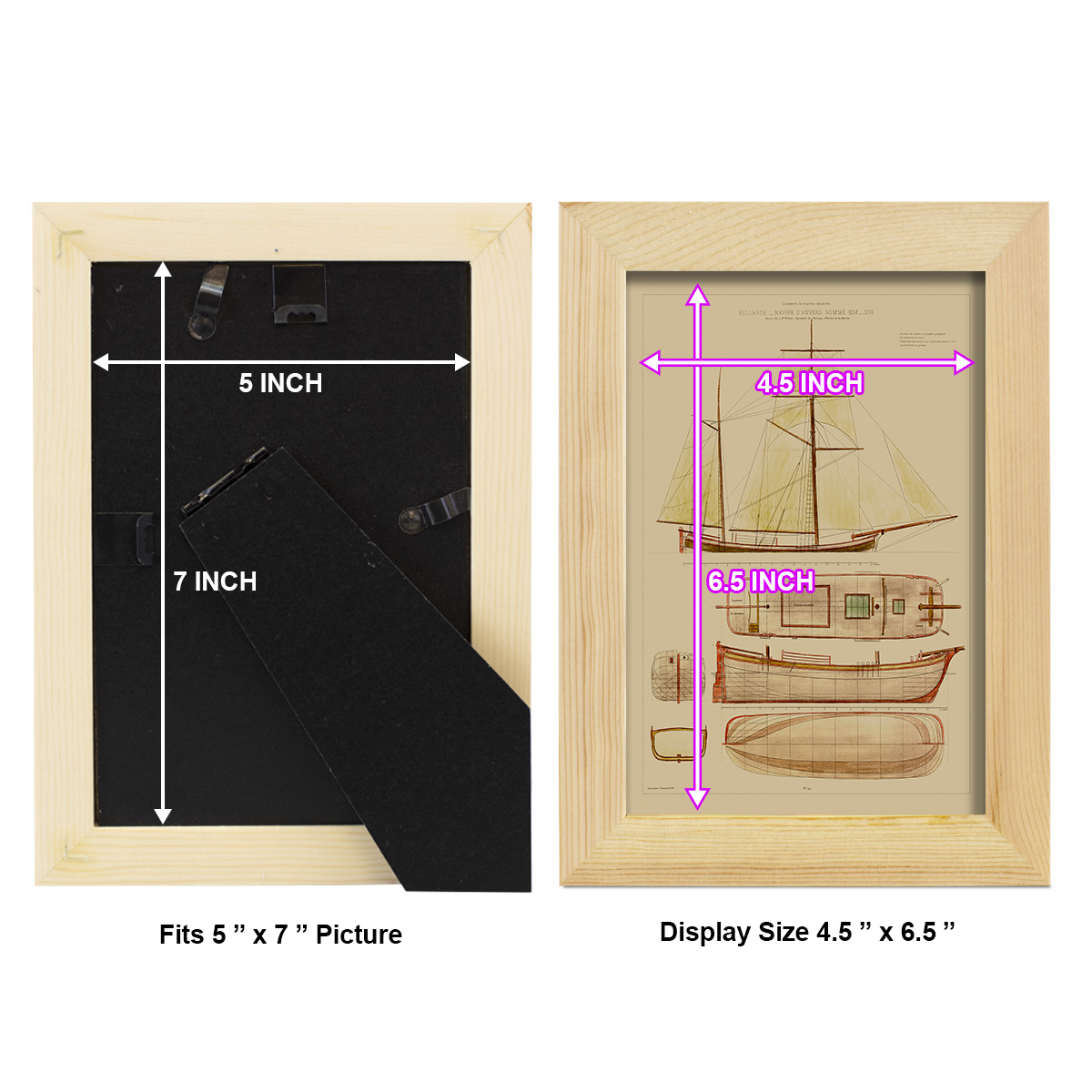 Antique Ship Plan IV -Framed Print w/glass-Natural Wood