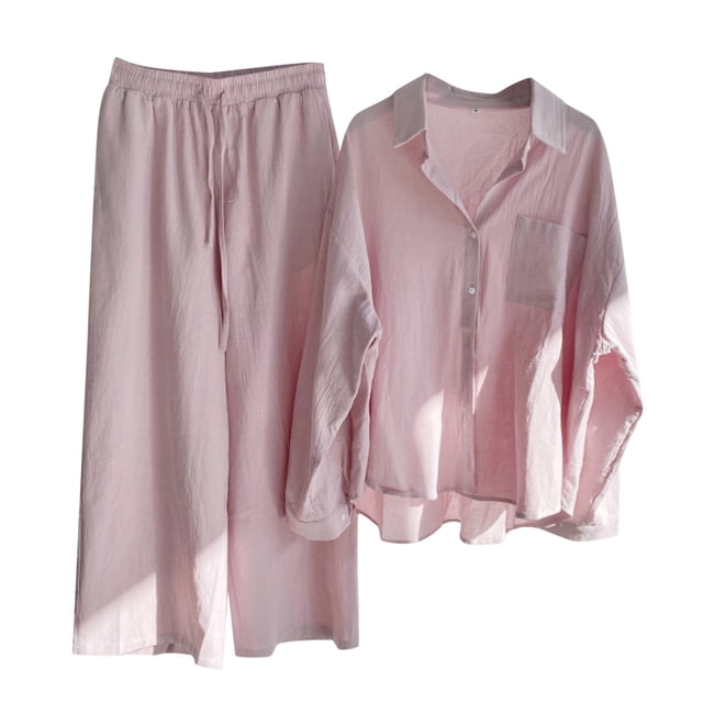 Conjunto informal de camisa retro de algodón con botones y pantalones cortos holgados de cintura alta con bolsillos para mujer - Conjunto de dos piezas para primavera/verano