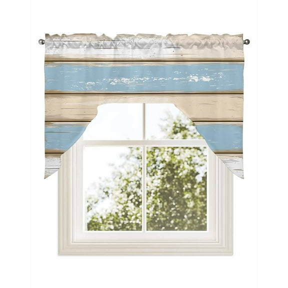 Geometric Blue Beige Kitchen Curtains Swag Valance for Windows/Bathroom/Cafe, Farmhosue Vintage Shabby Wood Grain Rod Pocket Drape Panel Swag Curtains Valance for Bedroom/Living Room 56"x36"