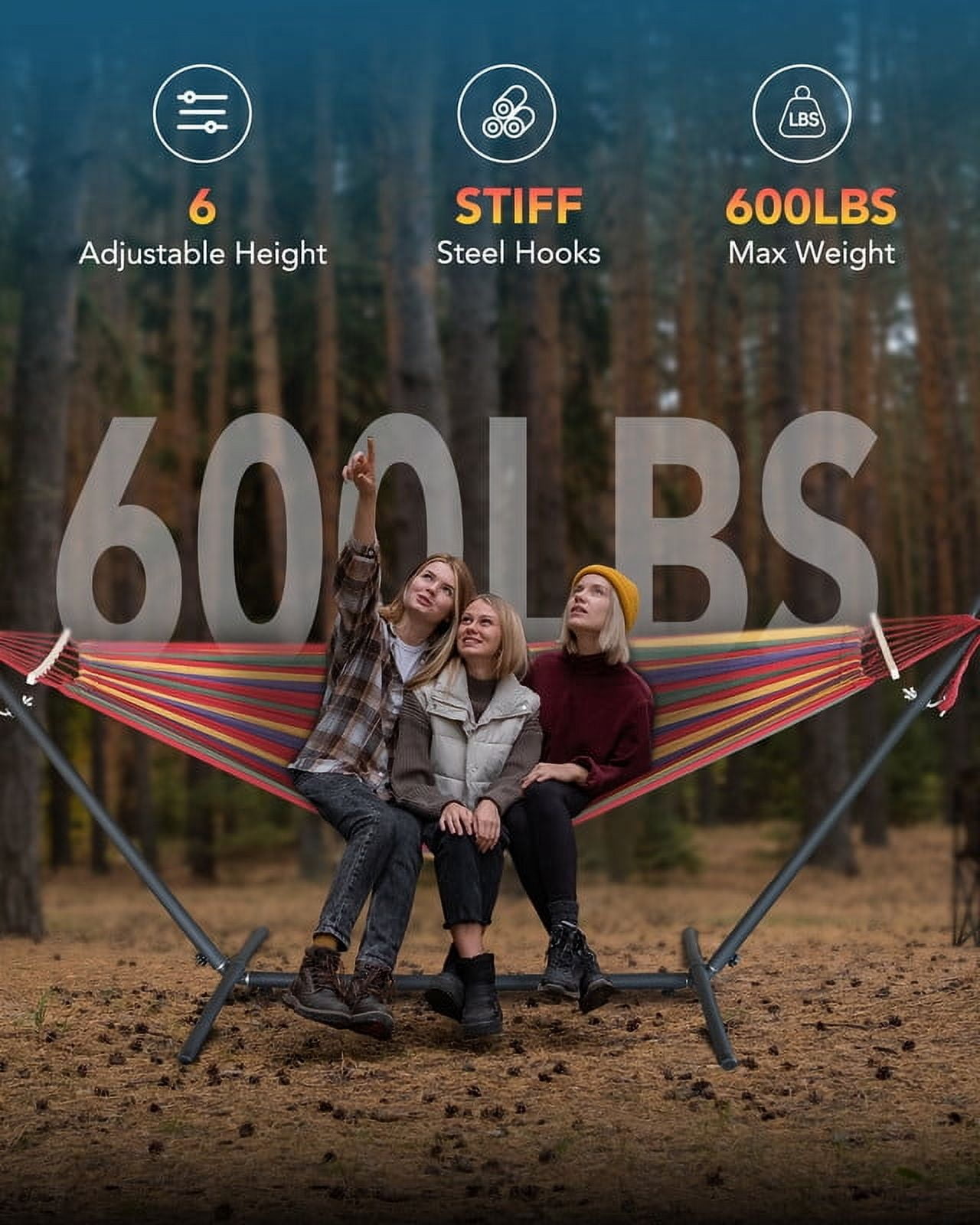GYROOR Comfortable double hammock with adjustable stand, 600 lbs capacity with storage bag for camping, outdoor/indoor patio backyard portable hammock