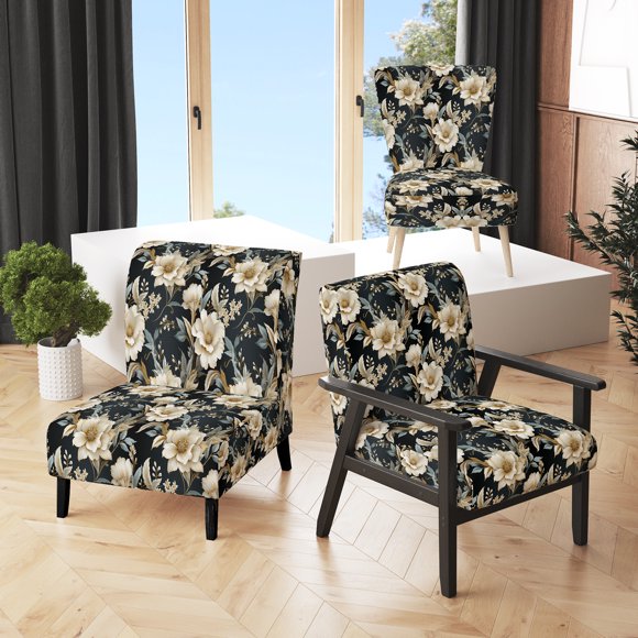 Designart "Victorian Motifs with a Contemporary Twist II" Gray Floral Upholstered Accent Chair - Cottage Arm Chair For Bedroom