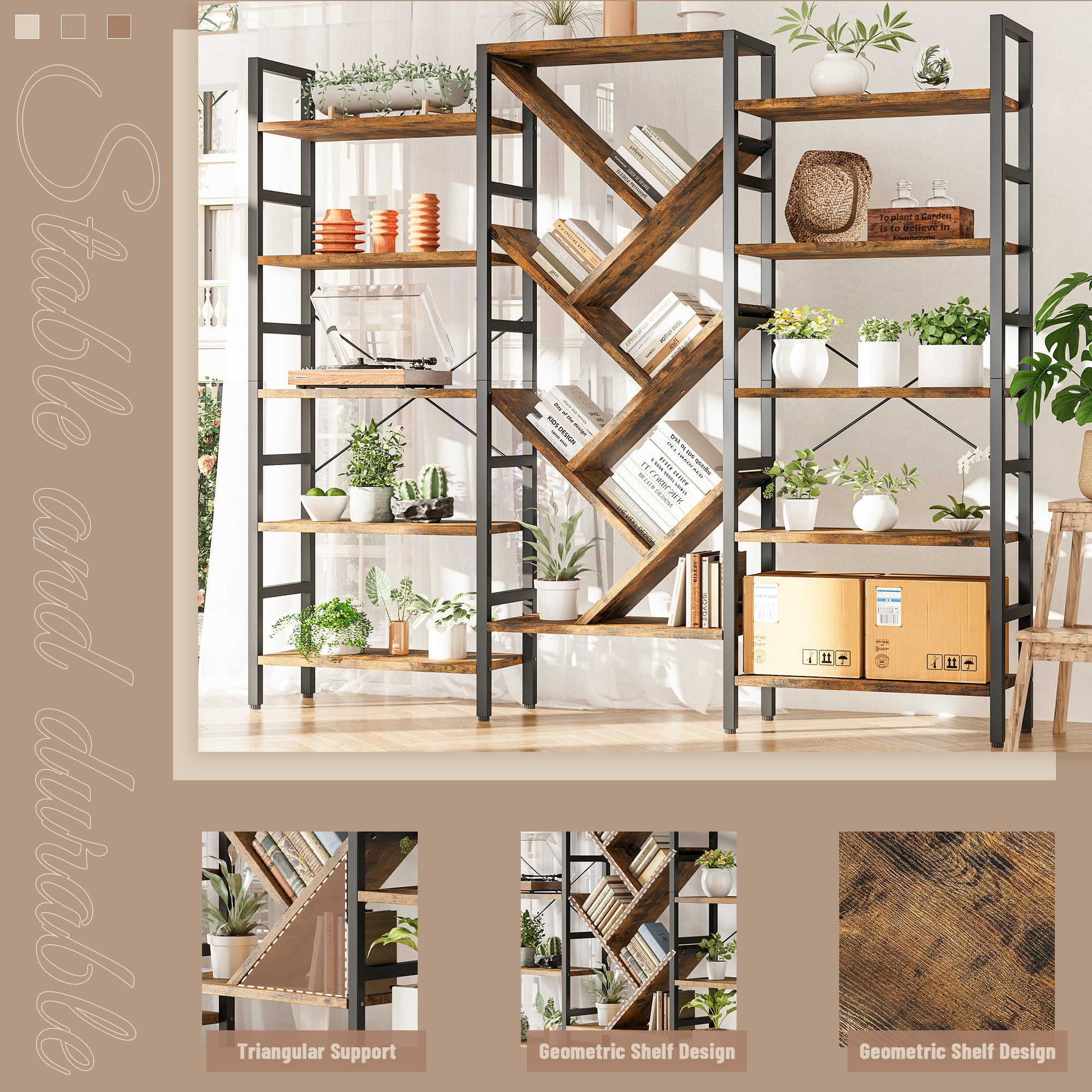 Triple 5 Tier Bookshelf, Large Wooden Bookcase with 17 Open Display Shelves, Modern Tree Book Shelf Metal Frame Tall Bookshelves Furniture for Living Room Bedroom Home Office Rustic Brown