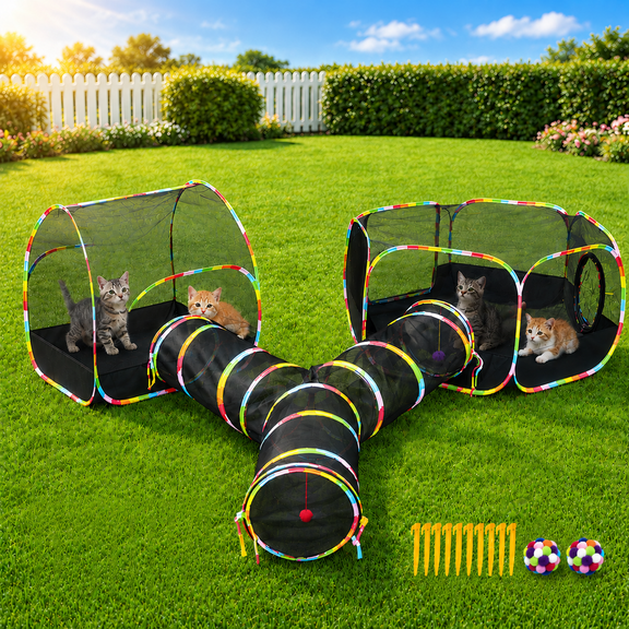 Outdoor Cat Enclosure with Cat Tunnel, Tent, Playhouse and Cat Toy Ball with Bell - Portable Indoor/Outdoor Playpen for Small Cats & Animals
