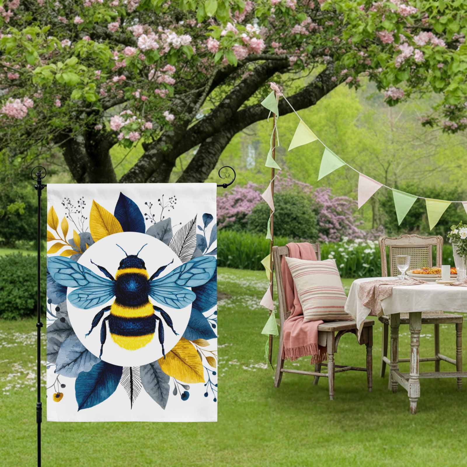 Bees House Flag 28 x 40 Inches, Gold Blue Leaves Plant Bee Weather Proof Outdoor Patio Flags Double Sided Small House Decoration for Yard Lawn Outside Home