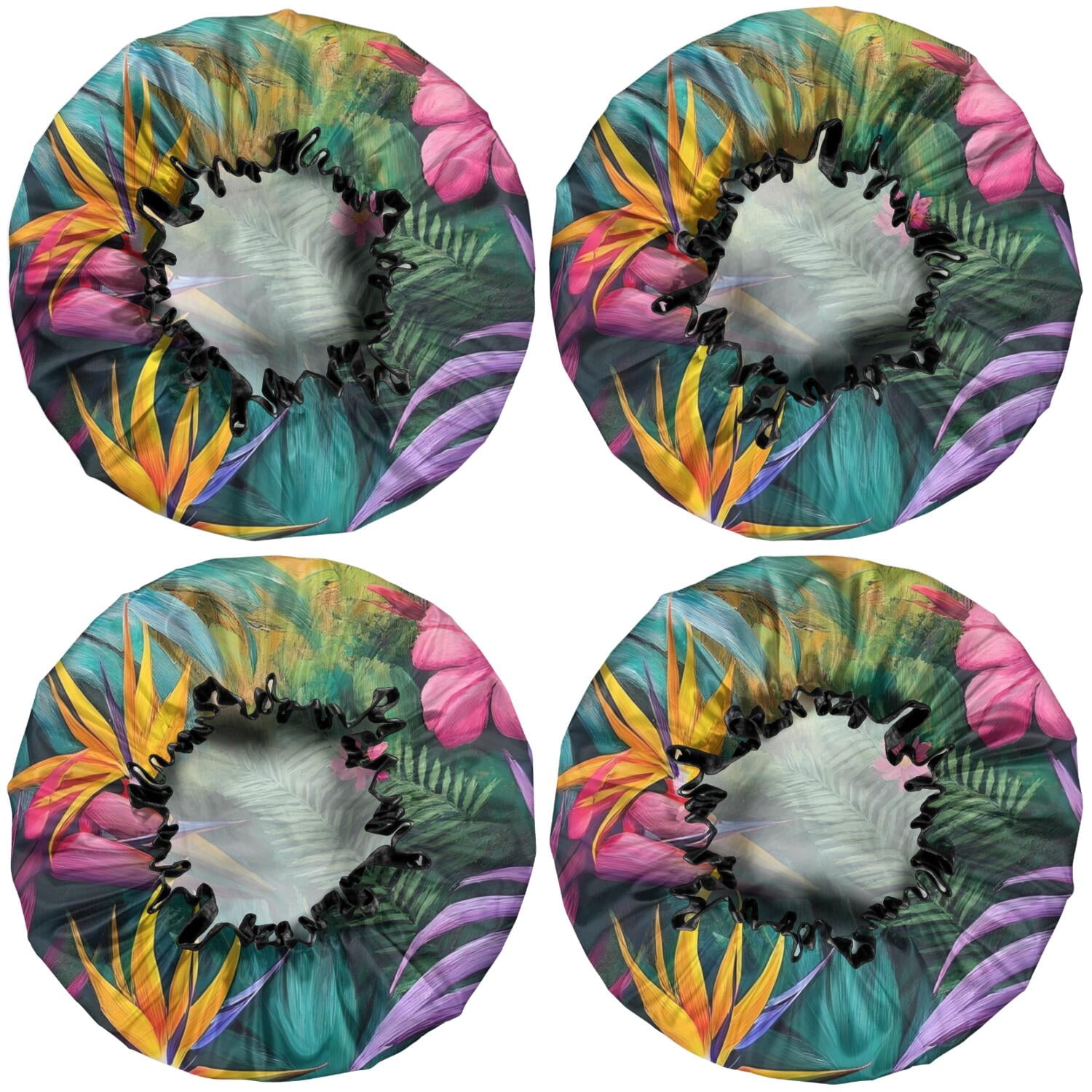 Shower Caps,Colorful Tropical Leaf Pattern Waterproof Shower Cap for Women 4 Pieces,Double Reusable Hair Cover for Shower PEVA Elastic Stretch Hem