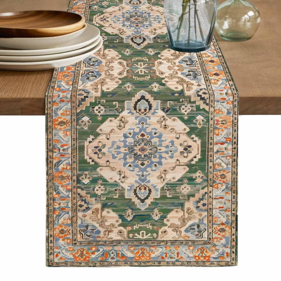 Boho Table Runner, Green Brown Ethnic Tribe Abstract Vintage Western Washable Cotton Linen Table Runners 72 Inches Long, Dresser Scarf Runner for Dining/Coffee/Kitchen/TV Stands/Cabinets 13''x72''