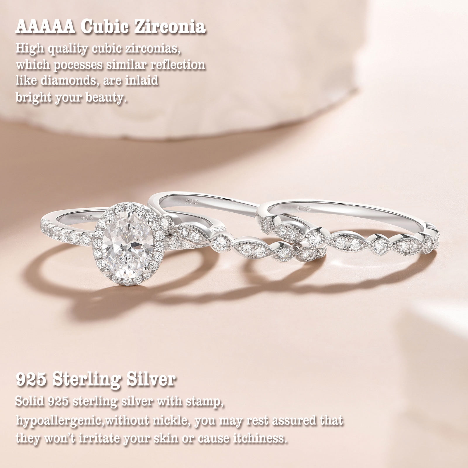 Newshe Jewellery Engagement Sets Wedding Rings for Women 925 Sterling Silver 3pcs White Cz Size 6