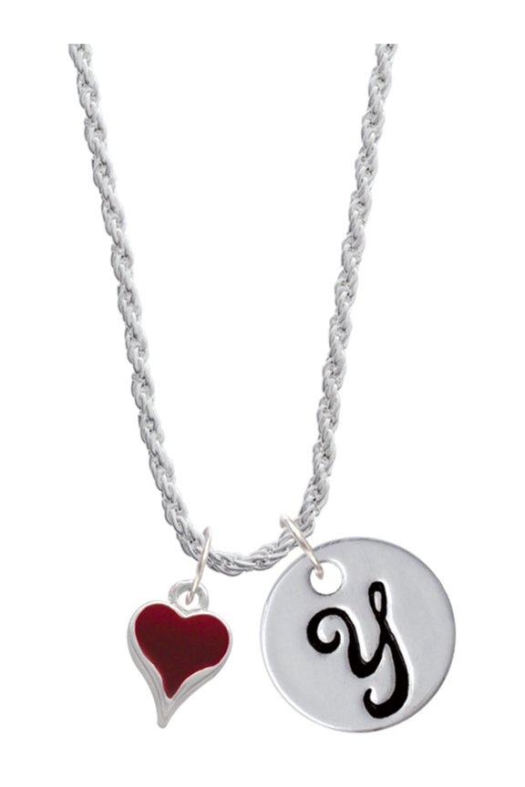 Silvertone Small Long Maroon Heart Silvertone Script Initial Disc - Y - Charm Necklace, 20"+3"