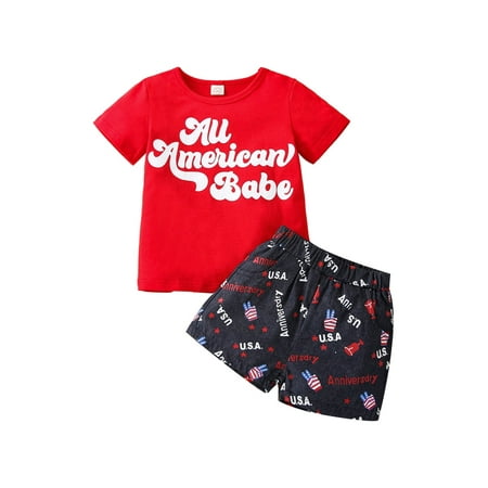 

IZhansean Toddler Baby Boy Independence Day Clothes ALL AMERICAN BABE Print Short Sleeve T-shirt+Shorts Summer Set Red 2-3 Years